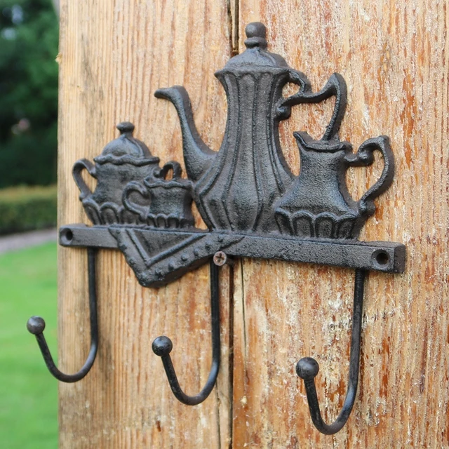 Vintage Tea Pot Set Design Cast Iron Garden Wall Decor Metal Hook with 3  Hangers Farmhouse Accents Antique Black Home Wall Hooks - AliExpress