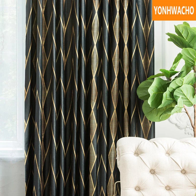 

Custom curtains American light luxury simple geometric bedroom study black velvet cloth blackout curtain tulle drape B113