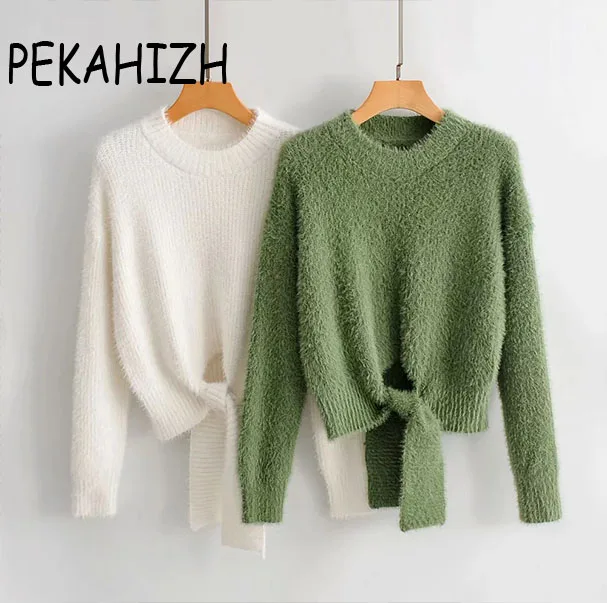 

2019 autumn new sweater women Hem lace-up fashion sweater Two-color optional loose versatile sweater