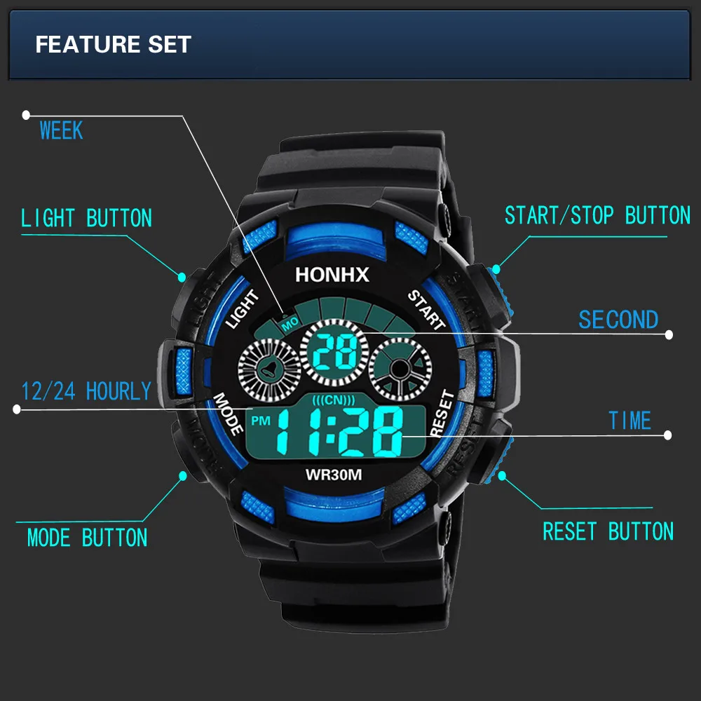Бренд honhx мужские светодиодные цифровые армейские часы резиновые кварцевые часы с будильником водонепроницаемые спортивные часы модные наружные наручные часы
