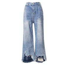 Женская Весенняя контрастная прошивка с дырками, винтажные свободные джинсы с высокой талией, брюки до щиколотки