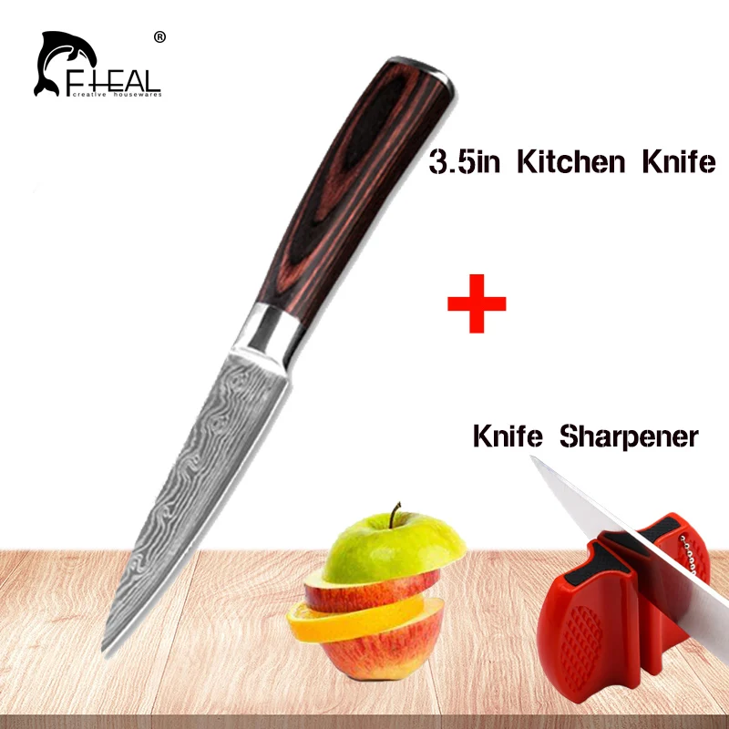 

FHEAL 3.5inch Kitchen knife with Sharpener Japanese 7CR17 High Carbon Stainless Steel Sanding Laser Pattern Fruit Paring Knife