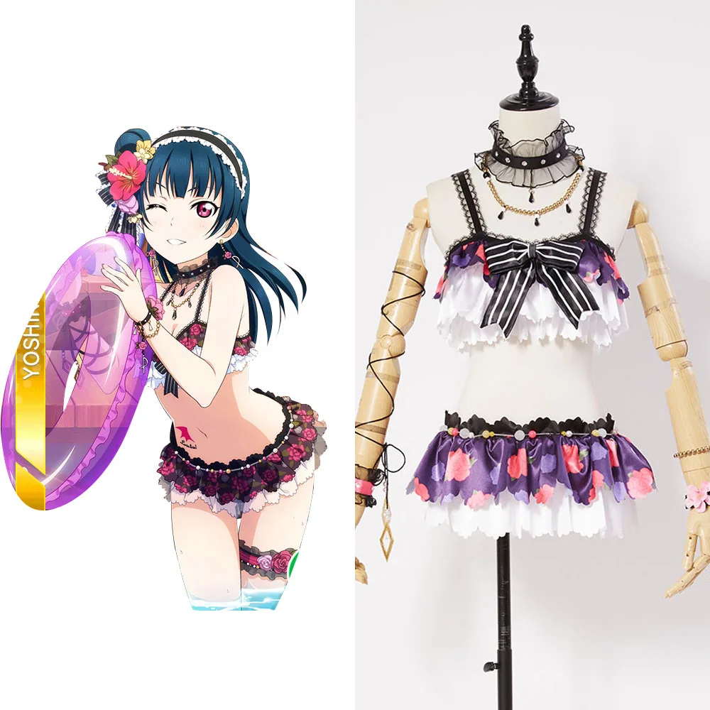 Love Live! Sunshine!! Aqours Tsushima Yoshiko Swimsuit For Halloween Cosplay Costume Girls Female Bowknot+Shorts+Top+Vest