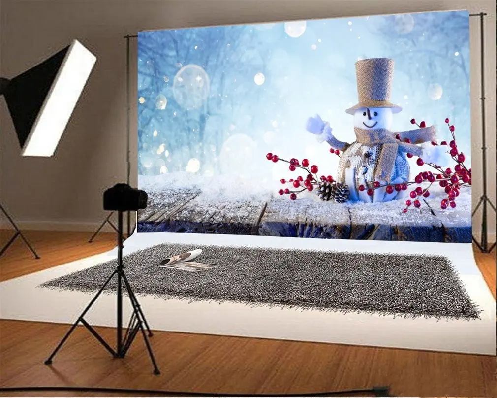 

Photography Backdrop Merry Christmas Branch Cute Snowman Bokeh Halos Glitter Sequins Snow Vintage Stripes Wood Floor