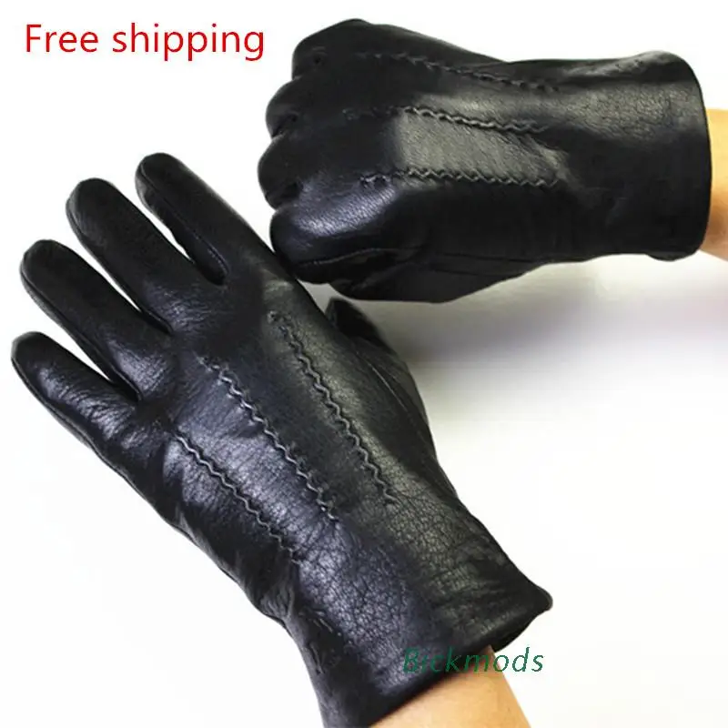 

2017 men Winter genuine Leather Gloves Deerskin Watermark Pattern Wool Lining, Velvet Imitation Rabbit Lining Free Shipping