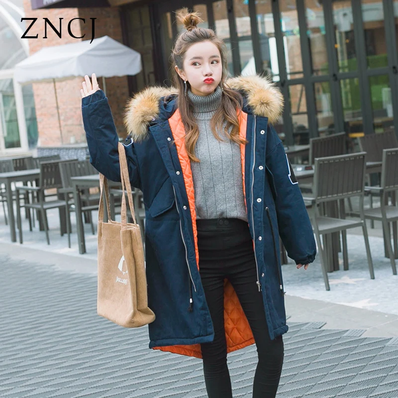 ZNCJ Korean Style Knee Longth Warm Parkas Women s Fashion Thick Cotton Outwear With Fur Collar