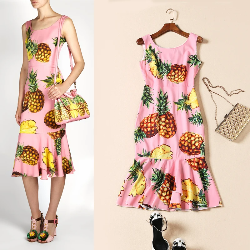 

2017 Runway Designer Summer Dress Women's Sleeveless Vest fruit Pineapple Printed Ruffles Sheath Cute Mermaid Dress Bodycon