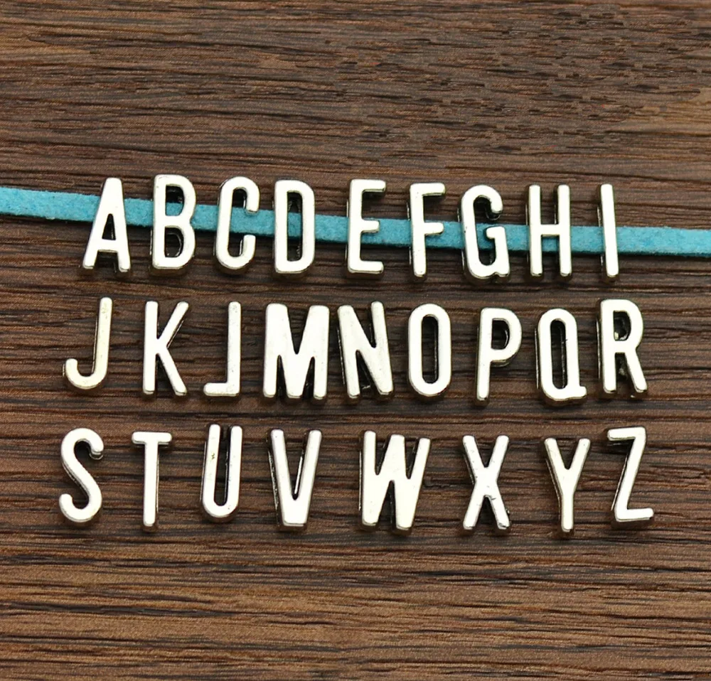 

50pcs A-Z Antique silver Slide Letters Charms DIY fit 7mm flat leather bracelet , Alphabet Word Letter 6737