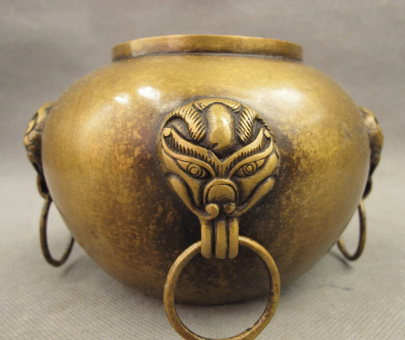 

Chinese Bronze FengShui Lion Beast Head Statue Bowl Jar Incense Burner Censer
