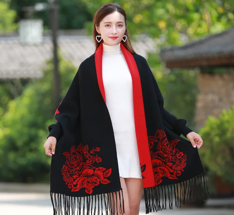 Брендовый зимний шарф женский шерстяной черный красный с рукавом кашемировый плащ уплотненный двухсторонний воздушный двойного