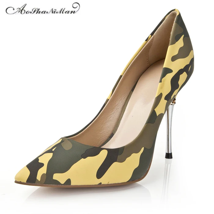 

Spring Newest Camouflage color heels Fashion Pointed Toe Women Pumps Brand designer Genuine leather Dress work shoes 34-42