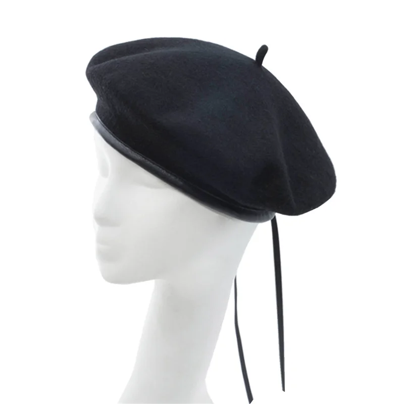 

DOUBCHOW Women's Wool PU Wrapped Brim Adjustable French Berets Beanie Hat Leather Trimmed Beret Maiden Baret Beanie Cap Flat Hat