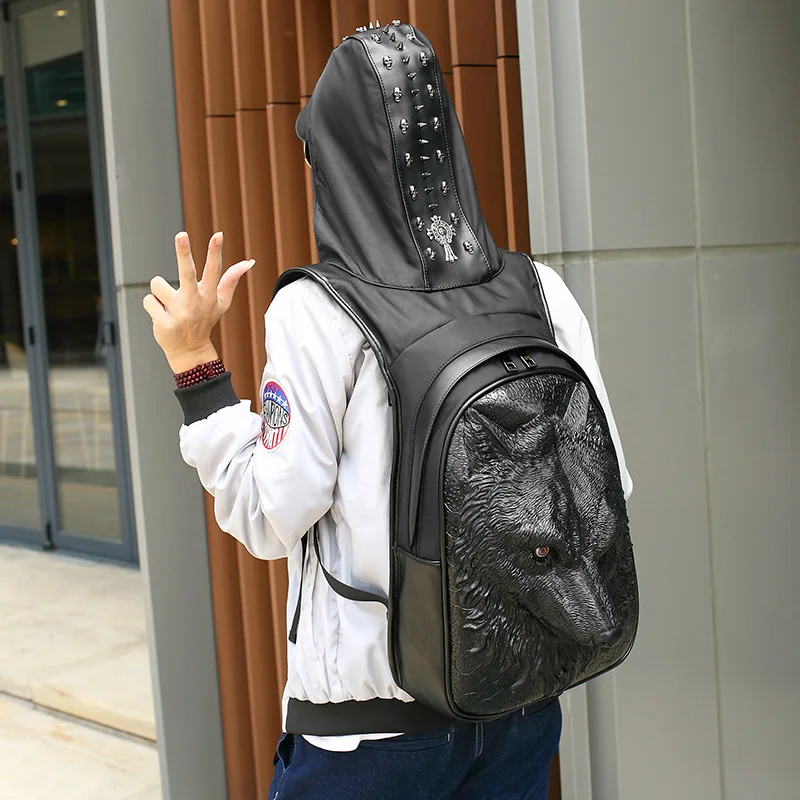 Модный кожаный рюкзак с тисненым рисунком волка, рюкзак с заклепками и капюшоном, сумка для одежды, сумки для мужчин в стиле хип-хоп