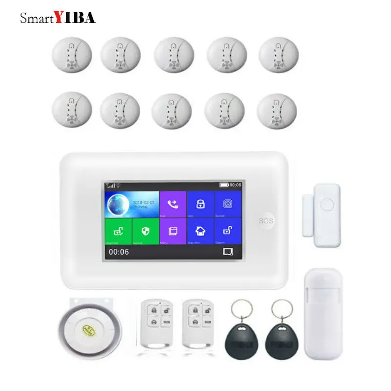 SmartYIBA All Touch Screen Alexa Version 433MHz GSM WIFI Smart Home Security Monitor Burglar Alarm System Wireless Smoke Alarm