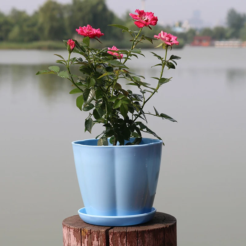 

1pcs Flower Pots+Tray set Colorful Resin Flower Pots for Garden Green Plants Multi Meat Imitation Porcelain Pots Pumpkin Type