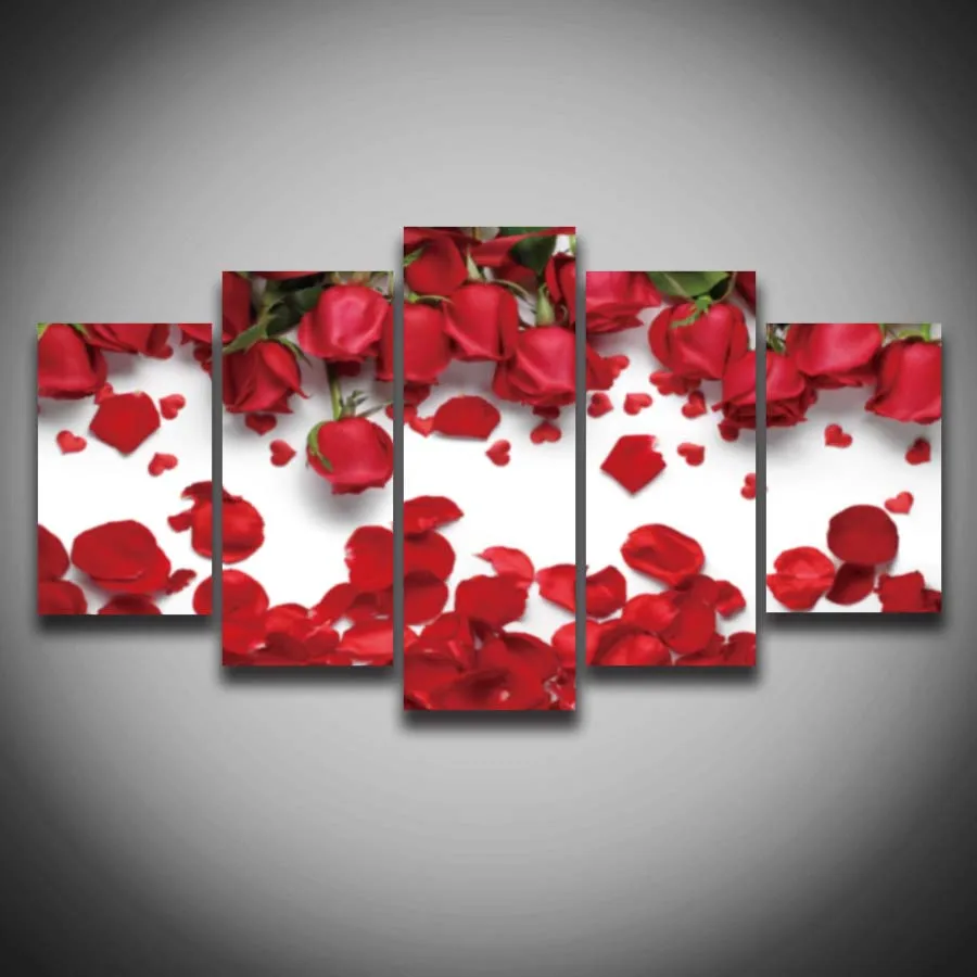 5 panels Printed red rose flower painting on canvas wall art home