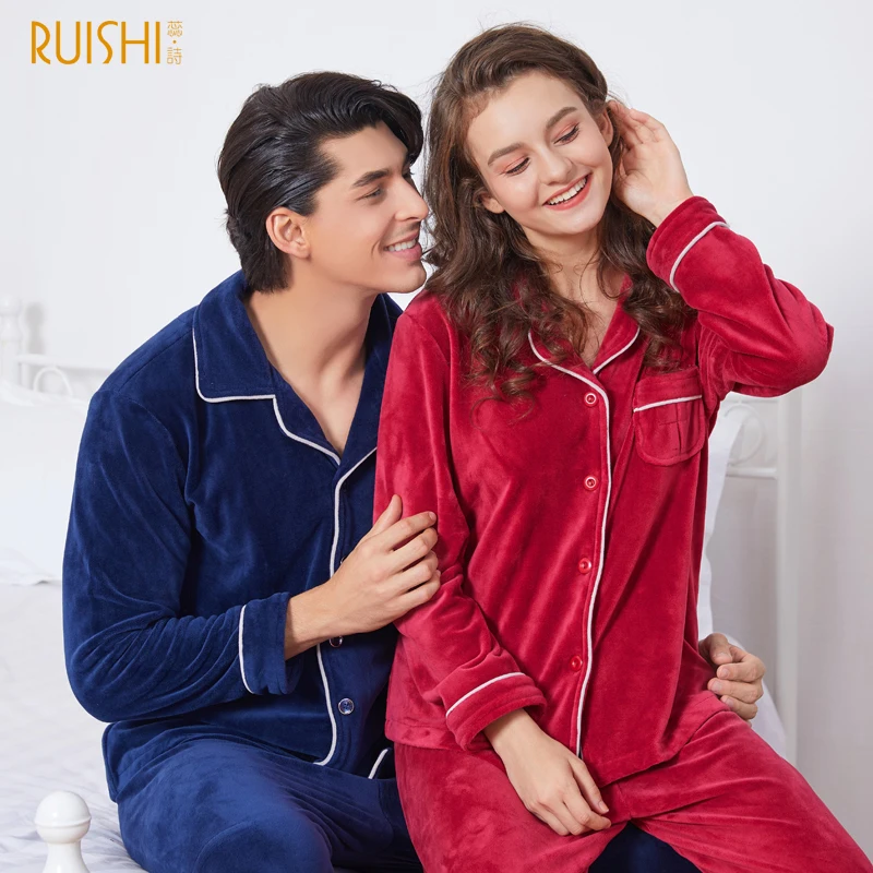 

J&Q New Couple Sleepwear Men And Women Winter Pyjamas Warm Pajamas Solid Home Wear Cardigan Long Sleeves Lapel Flannel Pajamas