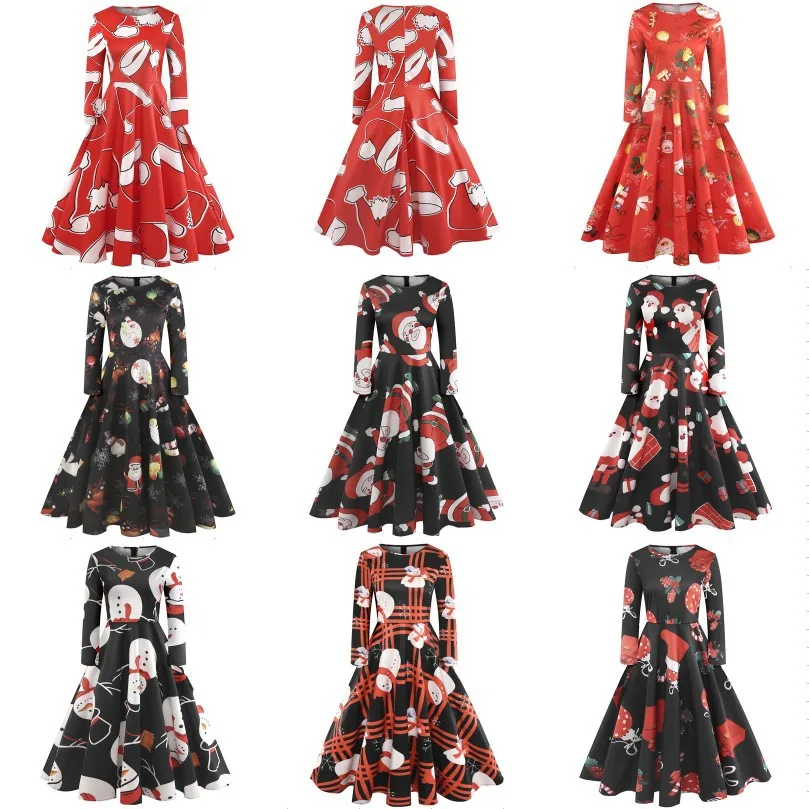 

New Arrival 2018 Slim Women Ball Gown Print Dress For Autumn Women Christmas Cartoon Midi Dresses Pleated Long Sleeves Big Size