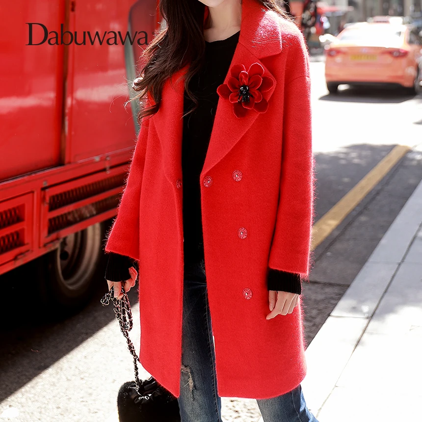 Dabuwawa Women Winter Red Long Coat Turn-down Collar Floral Appliques...