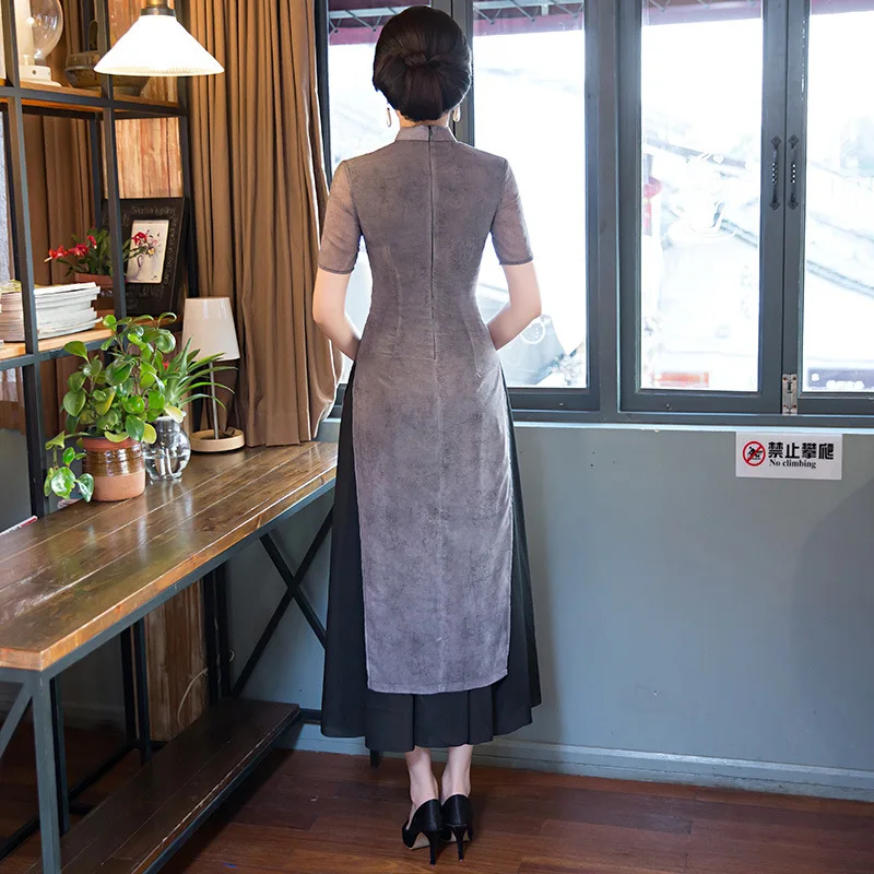 Новое серое шифоновое длинное платье Ципао для женщин из Вьетнама Aodai с цветочным принтом, сексуальное платье Ципао в винтажном стиле с воротником-стойкой, элегантное китайское платье