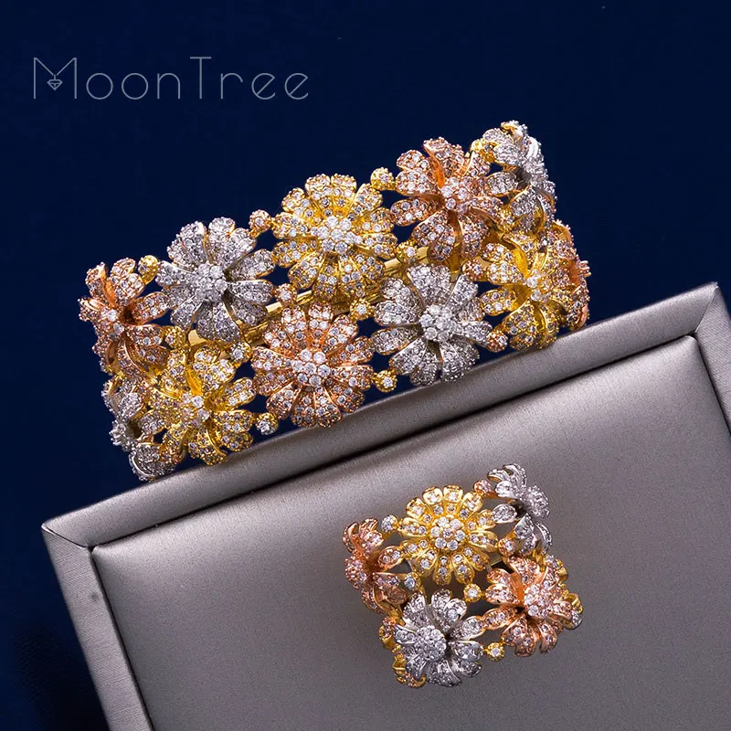 

ModemAngel Luxury Leaves Flower Three Tones Shiny AAA Cubic Zirconia Women Baguette Bracelet Bangle And Ring Set