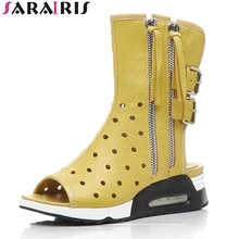 SARAIRIS/ качественные женские летние сапоги из натуральной кожи, модная обувь на платформе с молнией и открытым носком, женские брендовые ковбойские сапоги