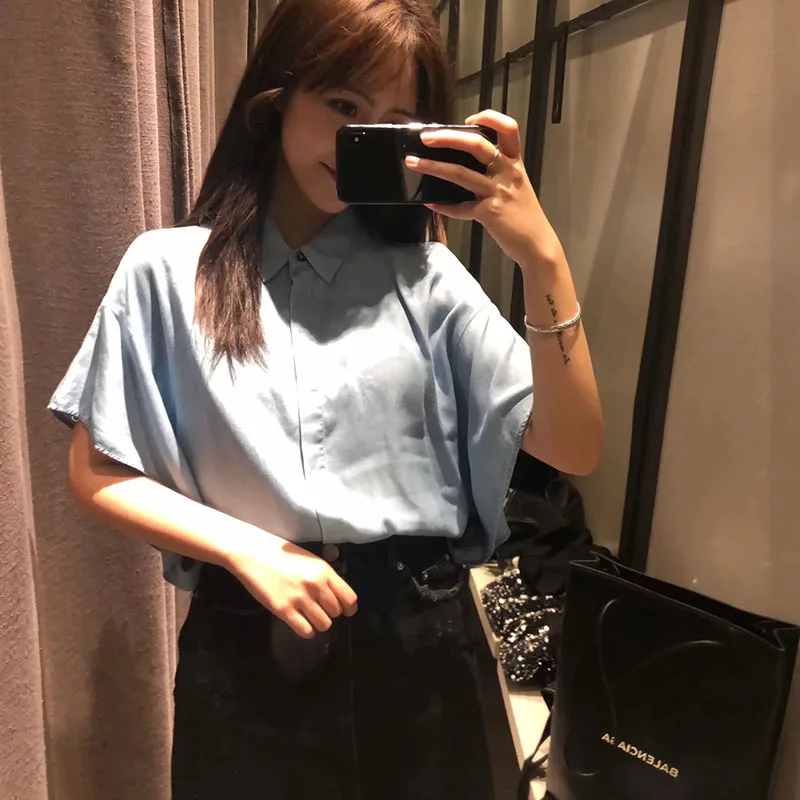

Summer Women Short Shirt Casual Female Batrwing Sleeve Solid Draw Shirts Fashion Wild Loose Ladies Slim Tops Shirt