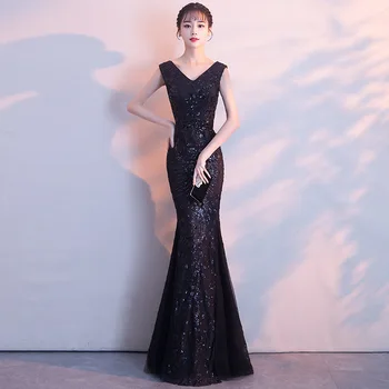 

Floor Length Sexy Women Mermaid Dress Sleeveless Elegant Long Slim Evening Party Gowns Sequins Deep V-Neck Cheongsam Dresses