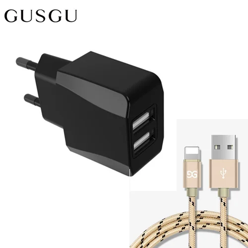 GUSGU Dual USB зарядное устройство для iPhone 7 8 6 X S Max iPad EU вилка адаптер для путешествий настенное зарядное устройство 2A зарядный кабель для Lightning 1,5 м - Тип штекера: Black-Gold