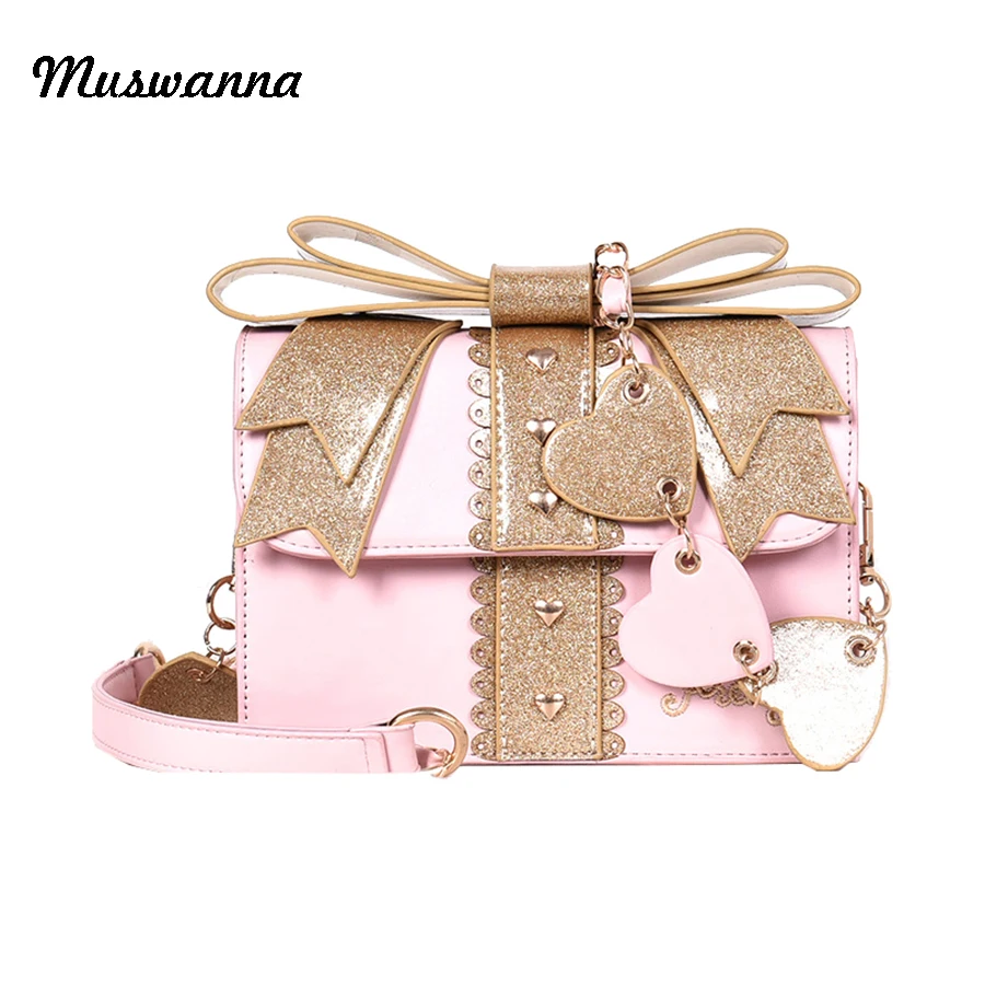 

Harajuku Cute Sequined Women Handbag Bow Leather Small Square Bag Female Shoulder Messenger Bag Dream Evening Handbag 2019