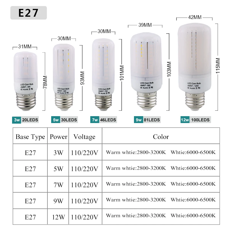 5736SMD светодиодный светильник-Кукуруза E27 E14 лампы 3 Вт 5 Вт 7 Вт 9 Вт 12 Вт Точечный светильник 220 В 110 В люстра светильник-свеча яркий, чем 5730SMD светодиодный s