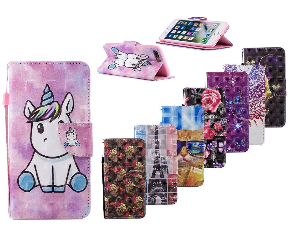 

3D cartoon Unicorn PU Leather Case For iPhone 8 7 6 6S Plus 5 5S SE/ipod itouch 5/6 Flip Wallet Stand Cover with Handstrap