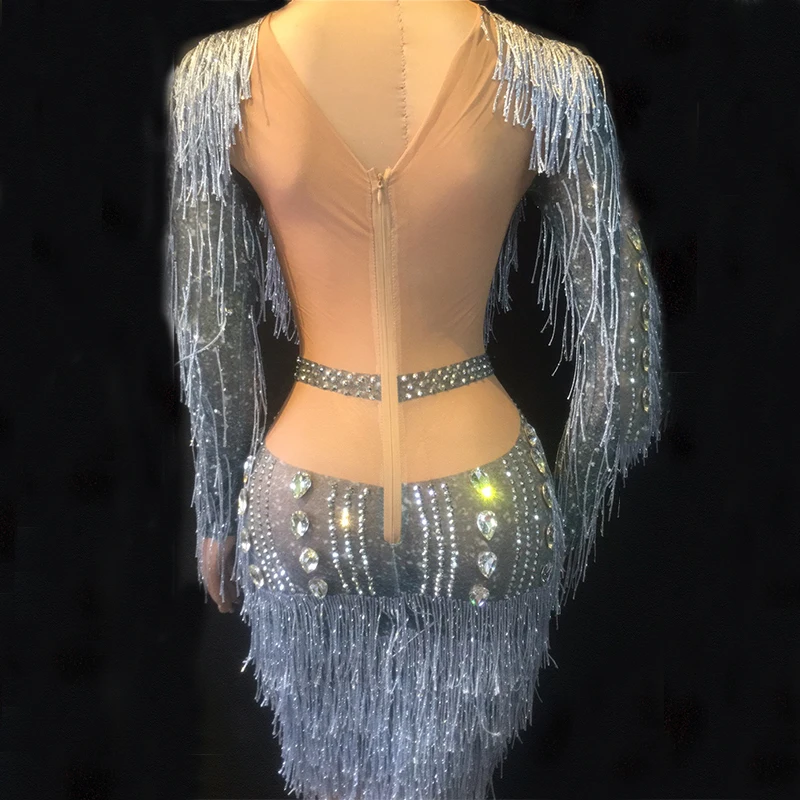 Модное красивое платье с кисточками, женский день рождения, празднование, прозрачное Сетчатое платье, серый бахрома, костюм для танцев DL3426