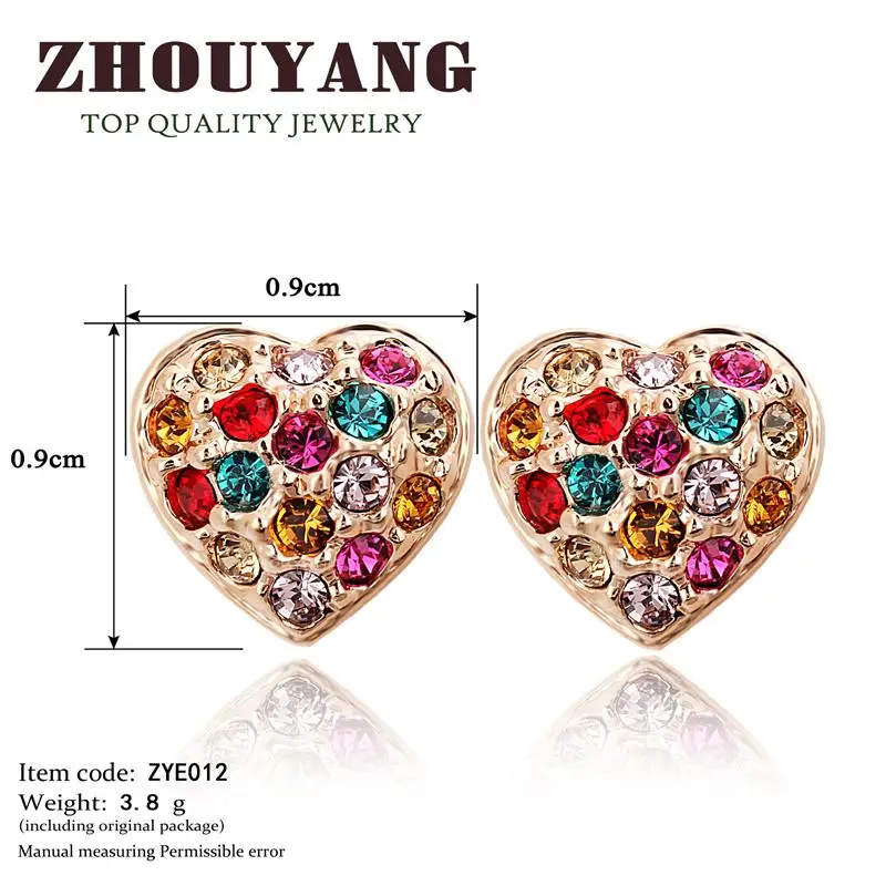 ZHOUYANG Top Quality Multicolour Heart Rose Gold Color Stud Earrings Genuine Austrian Crystal Wholesale ZYE012