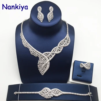 

Nankiya Luxury Twist Design Bridal Wedding Jewelry Set Shinning AAA Cubic Zinconia Brass Special Dubai 4pcs Set Accessor NC727