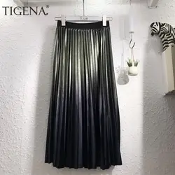 TIGENA 2018 осень-зима бархатные юбки Для женщин корейская мода градиент Высокая Талия плиссированная юбка женская элегантная длинная юбка миди