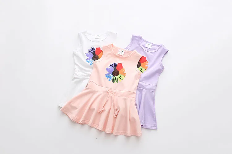 2018 Summer 2-10 Years Children Birthday Oil Painting Cartoon Big Flowe Print Princess Waist Drawstring Kids Girl Flower Dress (8)