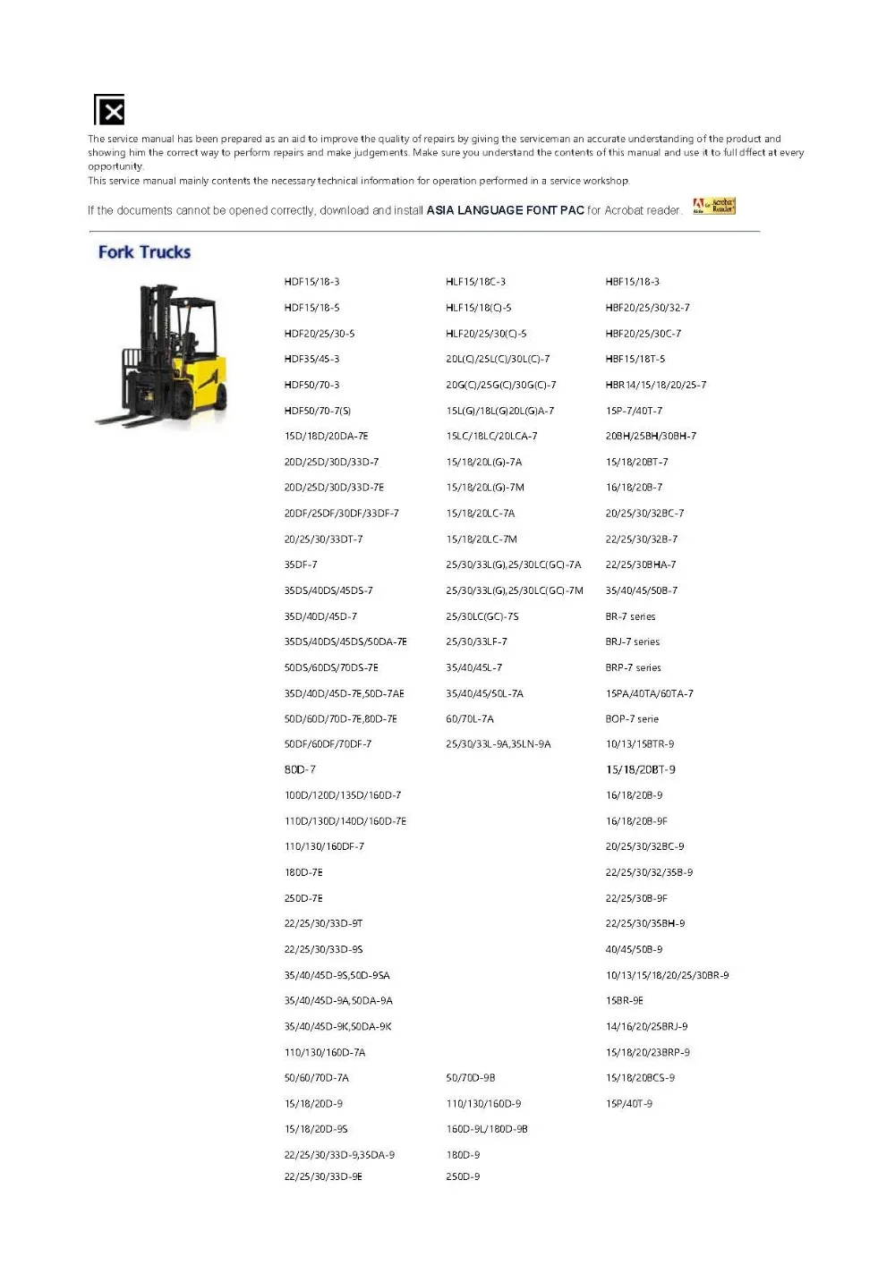 Forklift Trucks and Engine Service Manuals and Workshop Manuals for Hyundai