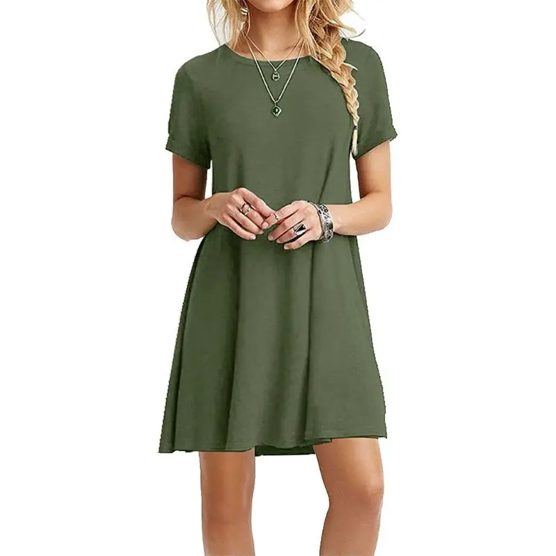 Женское летнее платье размера плюс, короткий рукав, миди, свободное платье-футболка, однотонный цвет, вырез лодочкой, повседневный Свободный пуловер, туника, топы - Color: Green