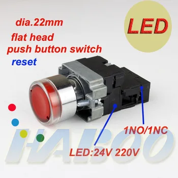 

5pcs/lot 22mm led lighting push button switch led reset push button switch flat head 24V 220V