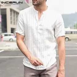 INCERUN модная мужская рубашка с коротким рукавом в полоску и стоячим воротником хлопковые рубашки мужские кнопки пуловер узкий повседневные