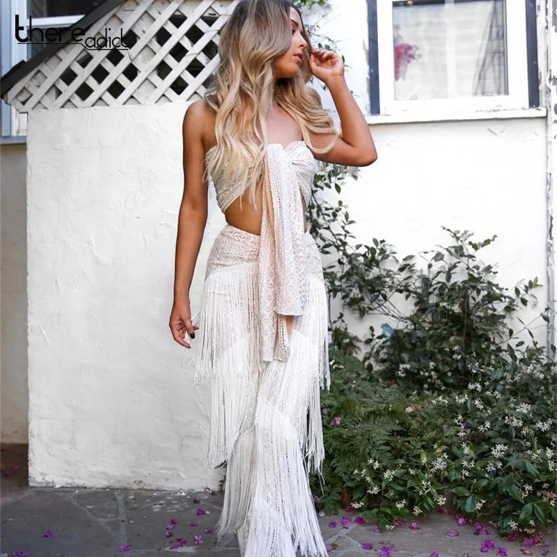 

Thereadict Crop Tops And Pants Two Piece Set Women Strapless Bow Tie Tassel 2 Piece Set Female Elegant Party Club Two Piece Set