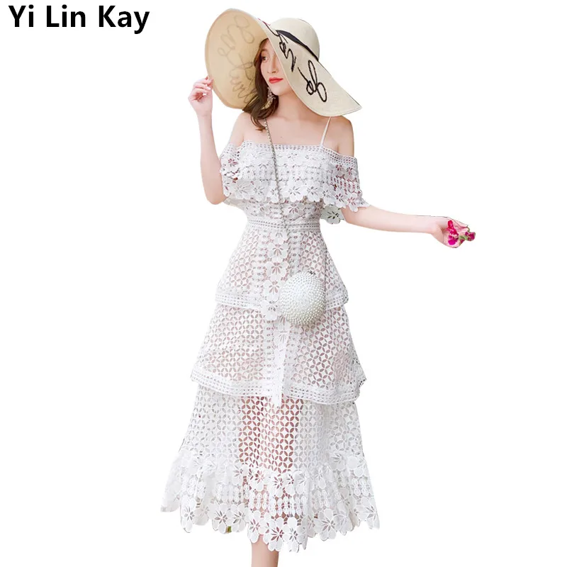 

Yi Lin Kay 2019 High-end custom self summer women dress Sexy Hollow Out Lace Party Dress Water-soluble lace cake Dress