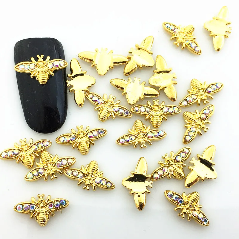 

10Pcs/Lot Japan Gold Honey Bee with AB Color Rhinestone Metal Alloy Nail Art Decorations Stickers/Charms/ Tools for Manicure