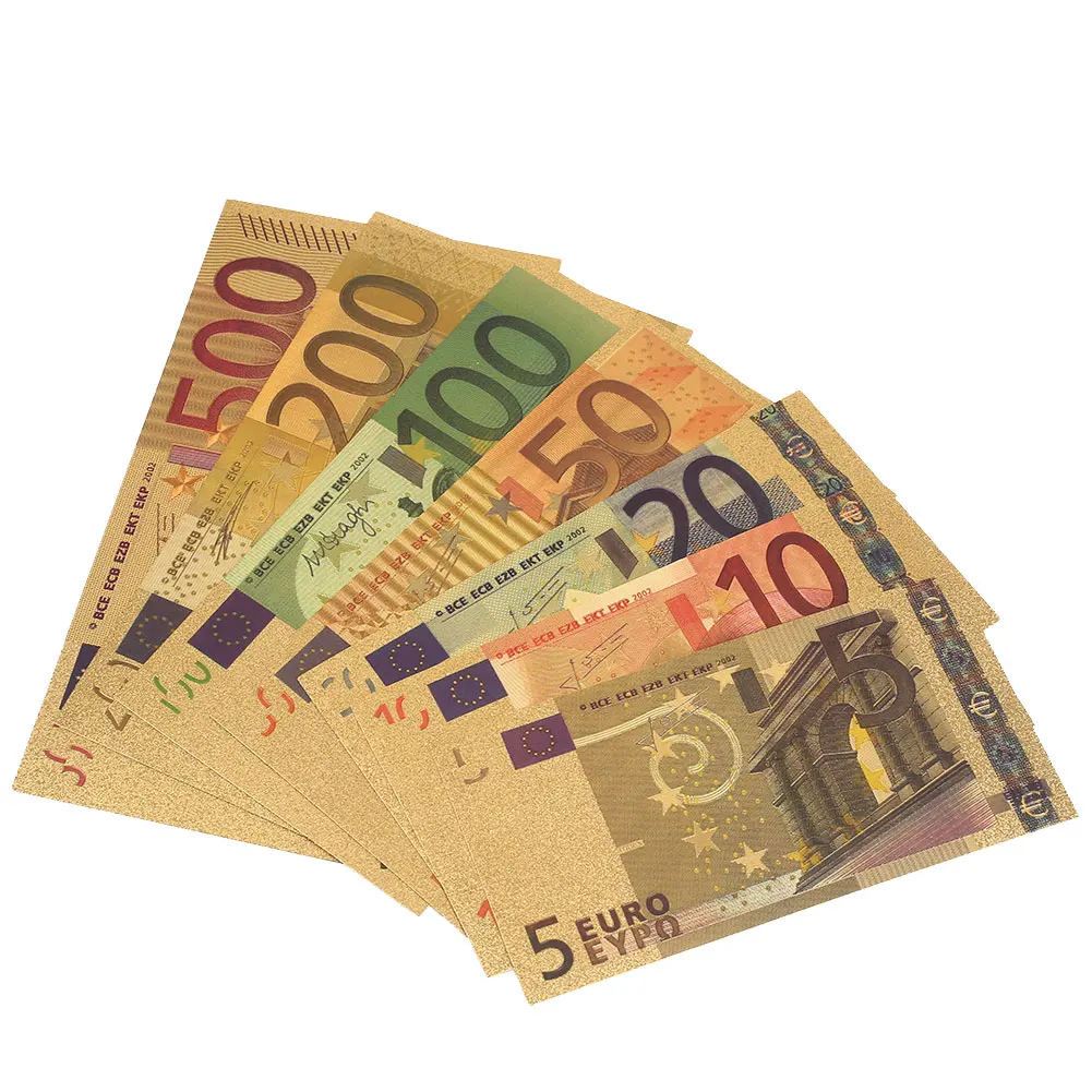 24 К золото античный покрытием EUR 7 шт. 5 10 20 50 100 500 200 банкноты украшения дома коллекция подарки имуляции поддельные деньги - изображение