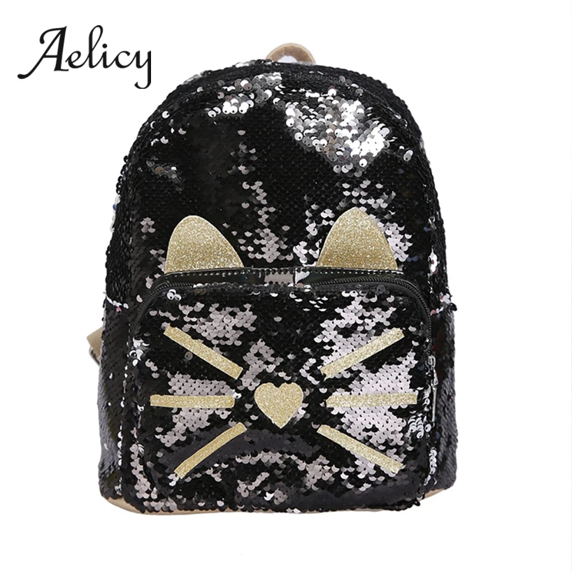Женский Блестящий рюкзак Aelicy Маленький модный школьный с блестками и кошкой для