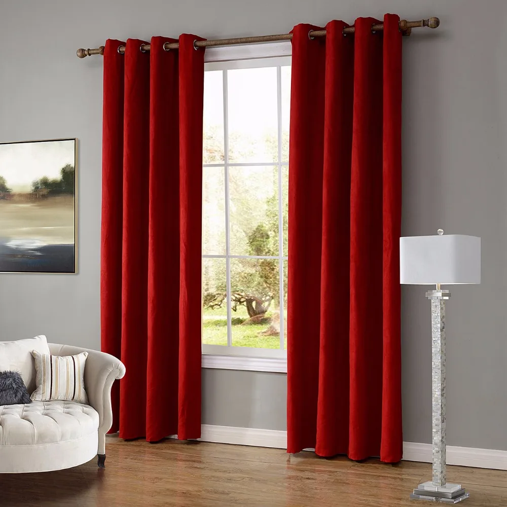 Suede Fabric Thermal Insulated Grommet Curtains for Living Room Bedroom Blackout Darkening Curtain Drapes Red 1 Piece