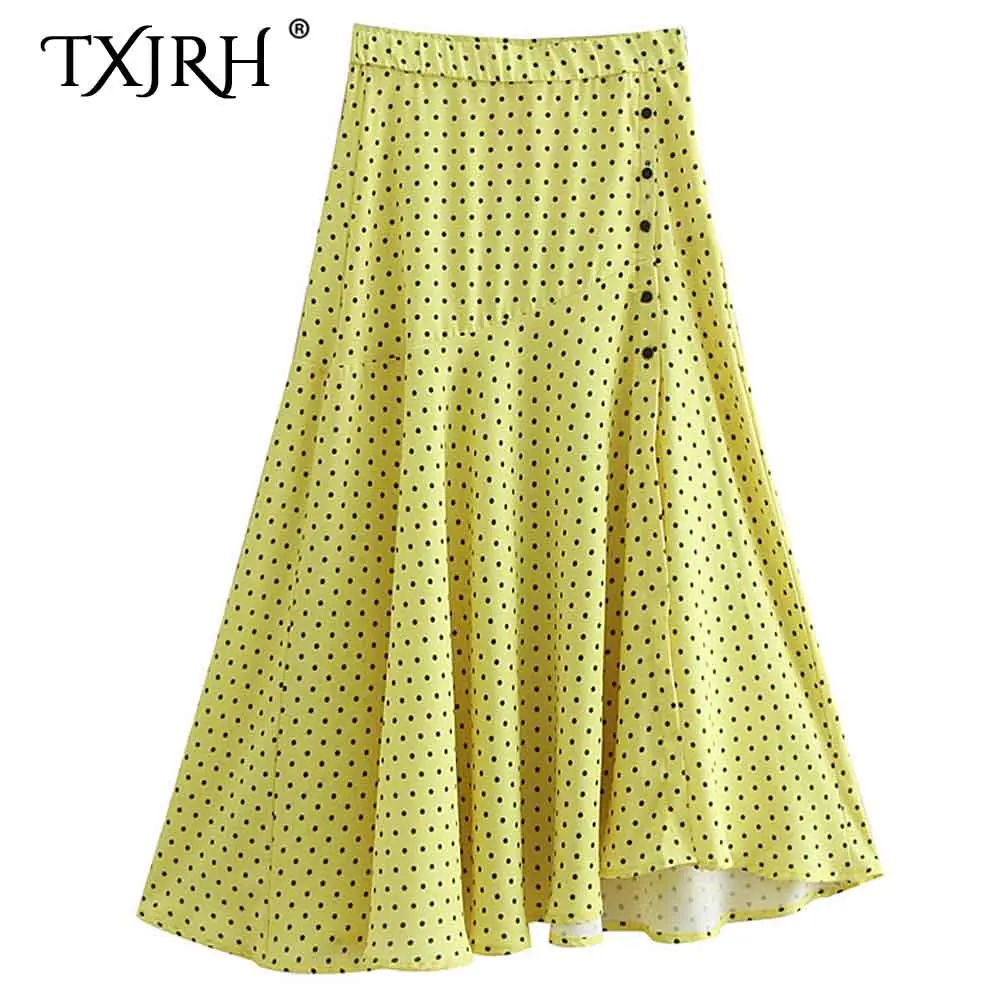 

TXJRH Sexy Bohemian Yellow Polka Dot Print Skirt 2019 Fashion Women High Waist Front Slit A-Line Irregular Hem Mid-Length Skirts