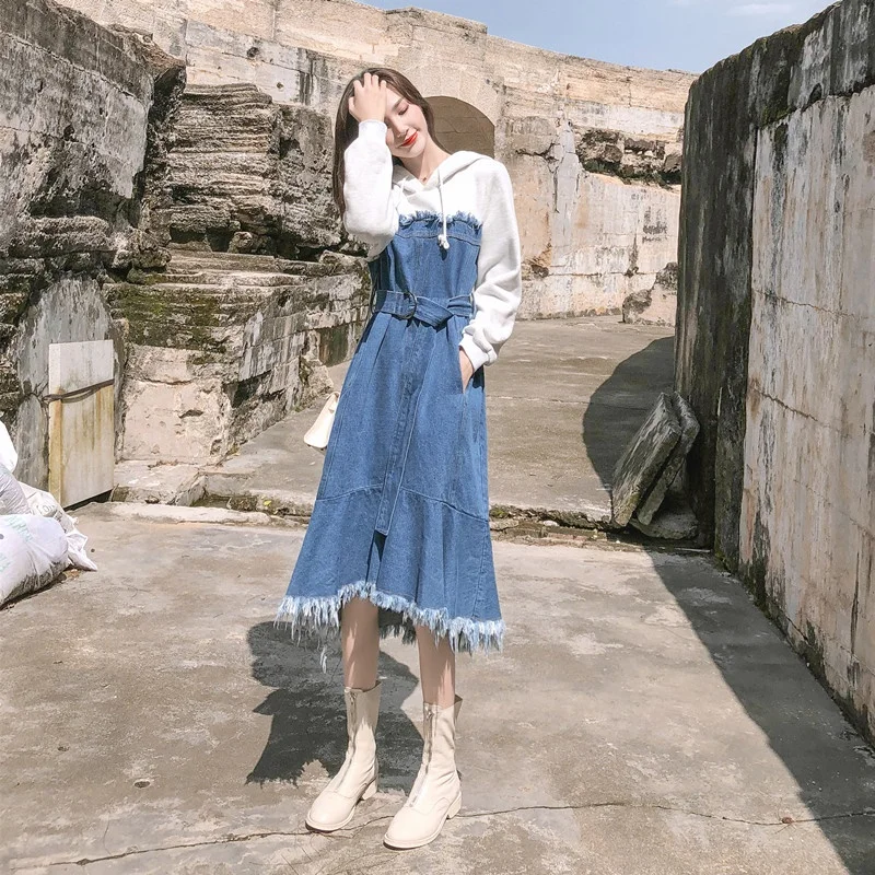 Vestidos vaqueros con capucha para ropa de a la moda, Vestido vaquero de retales con capucha con fajas, DD1990 Vestido vaquero de sirena, novedad de Otoño de - AliExpress