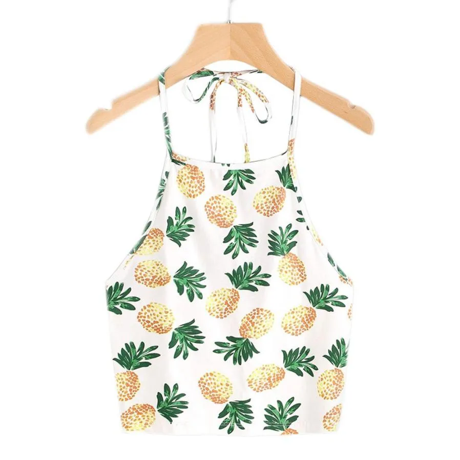 

Women Pineapple Print Tank Top Summer Sexy Short Halter Hanging Neck Tee blusas tee shirt femme sexy top female summer 2019 new